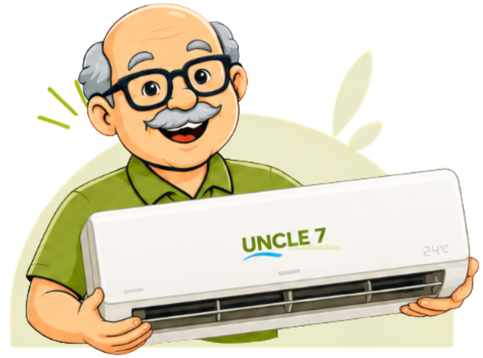 Uncle 7 Aircon mascot holding an aircon